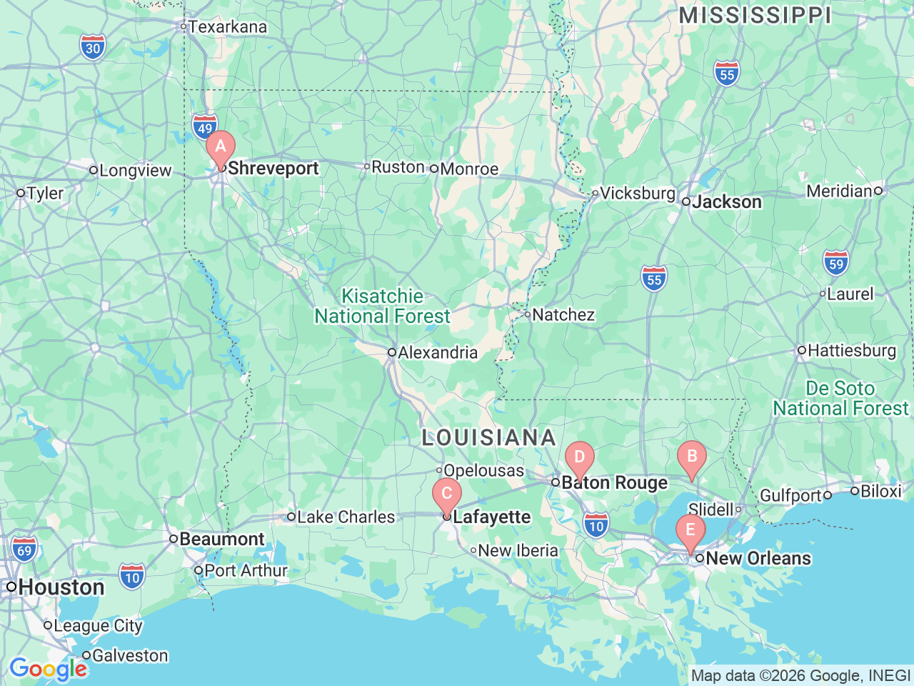Map of Ochsner-affiliated facilities that provide services related to Bone Marrow Transplant