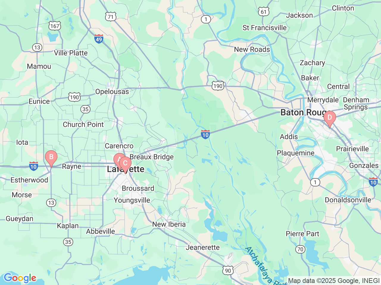 Map of Ochsner-affiliated facilities that provide services related to Bone Services