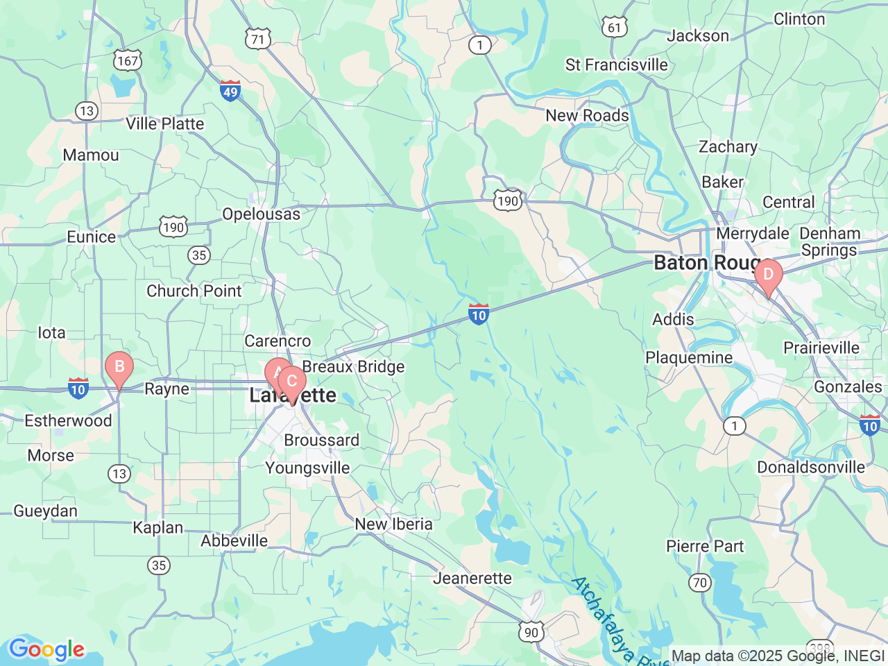 Map of Ochsner-affiliated facilities that provide services related to Bone Services