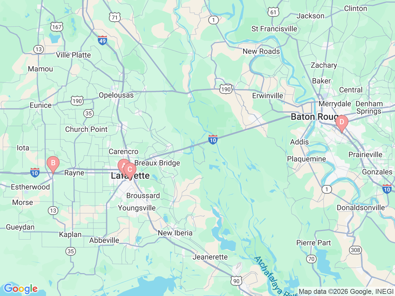 Map of Ochsner-affiliated facilities that provide services related to Bone Services