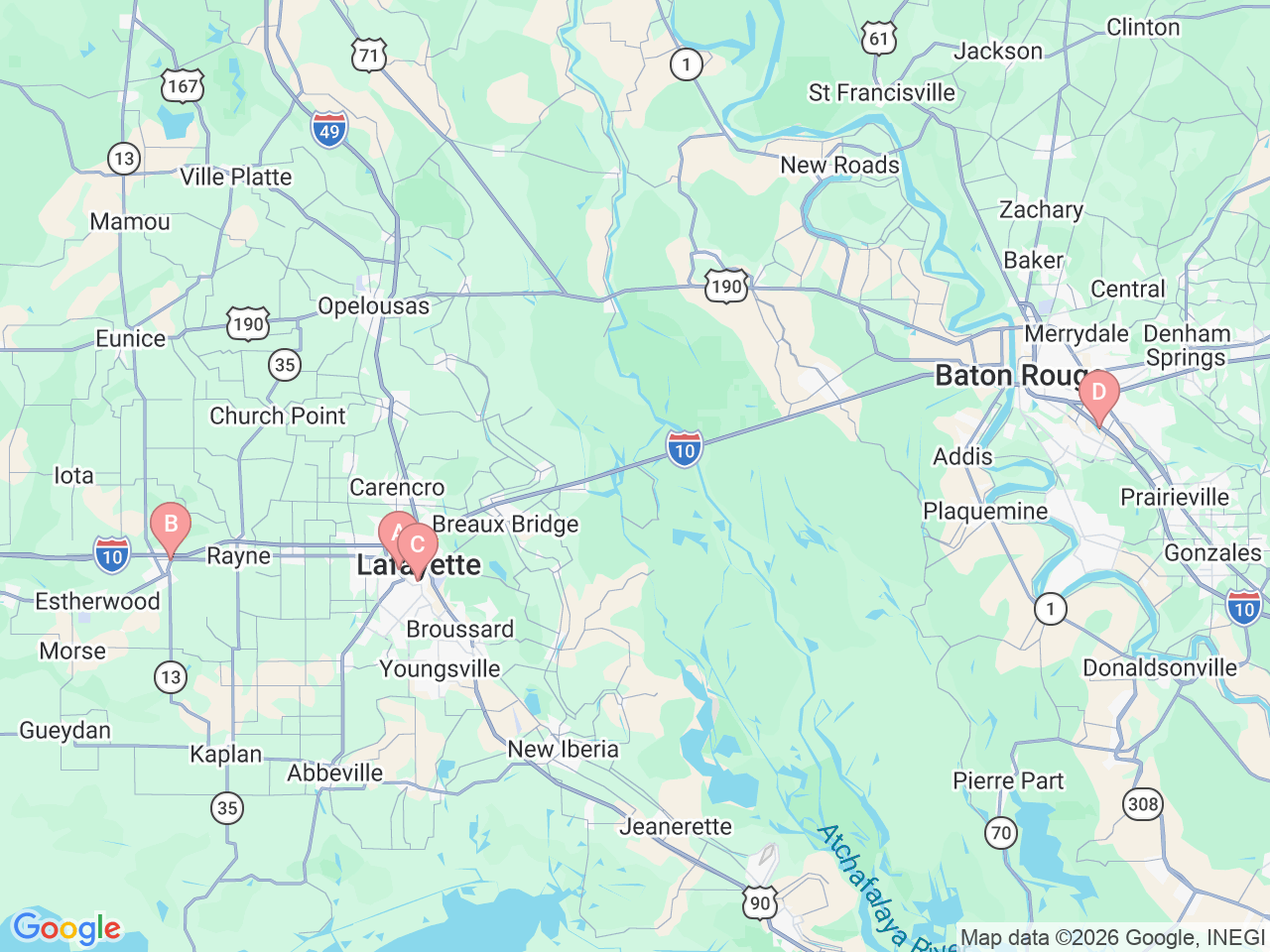 Map of Ochsner-affiliated facilities that provide services related to Bone Services