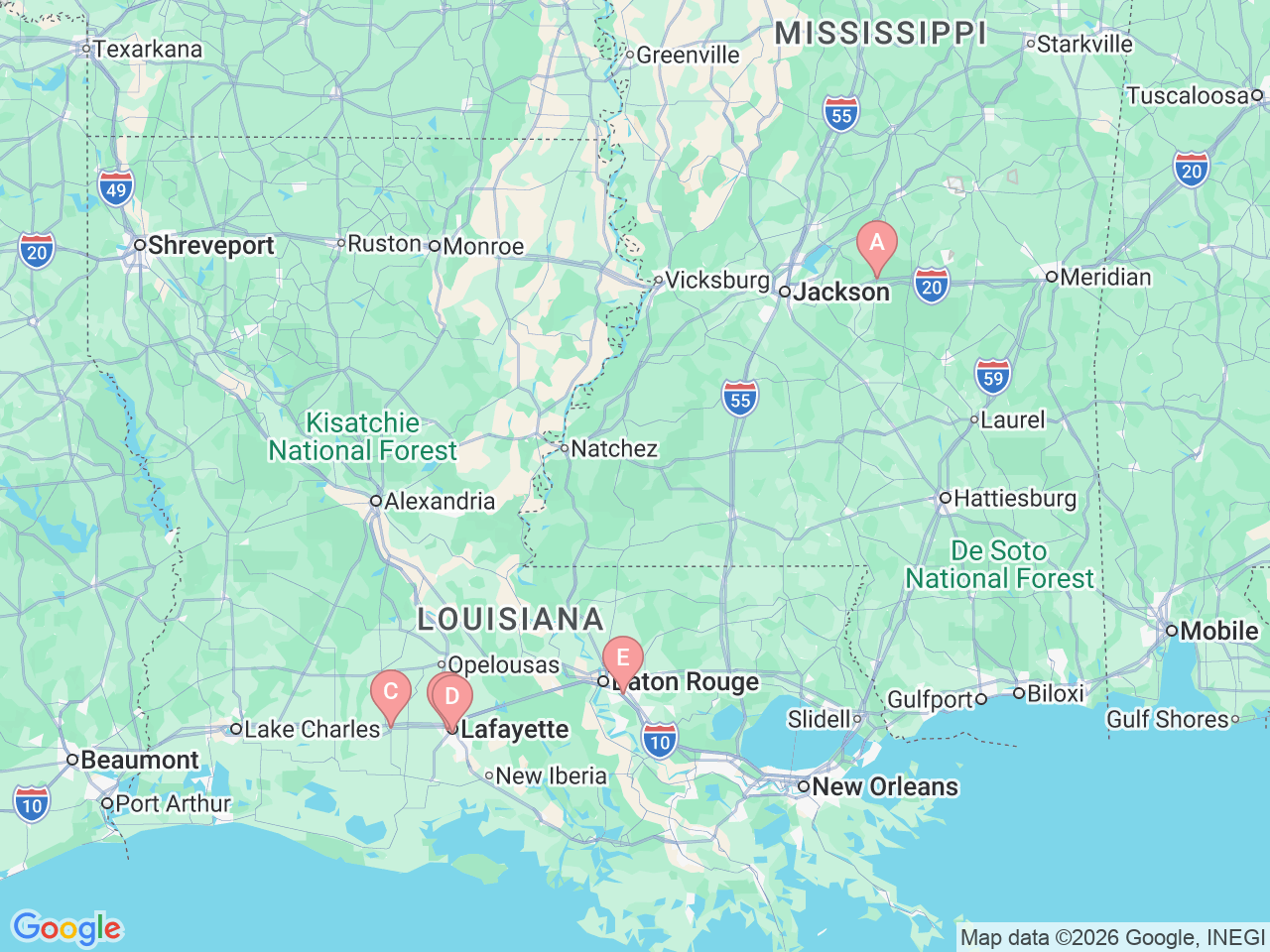 Map of Ochsner-affiliated facilities that provide services related to Bone Services