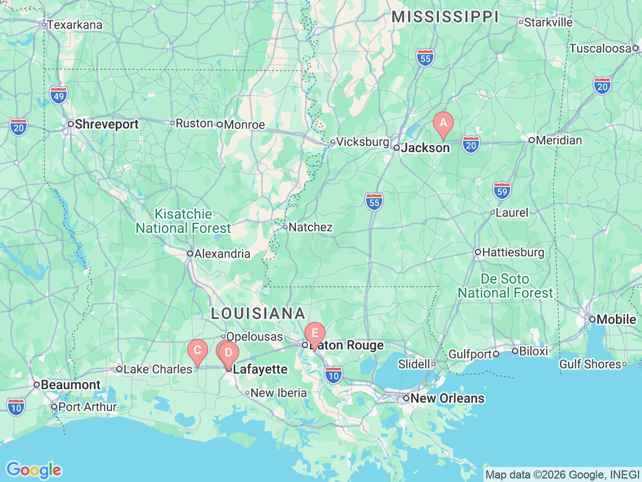 Map of Ochsner-affiliated facilities that provide services related to Bone Services
