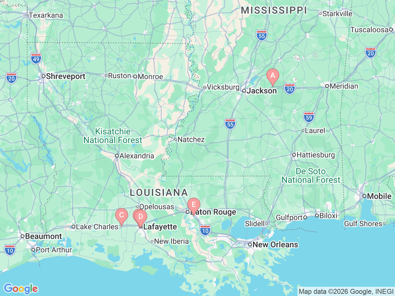 Map of Ochsner-affiliated facilities that provide services related to Bone Services