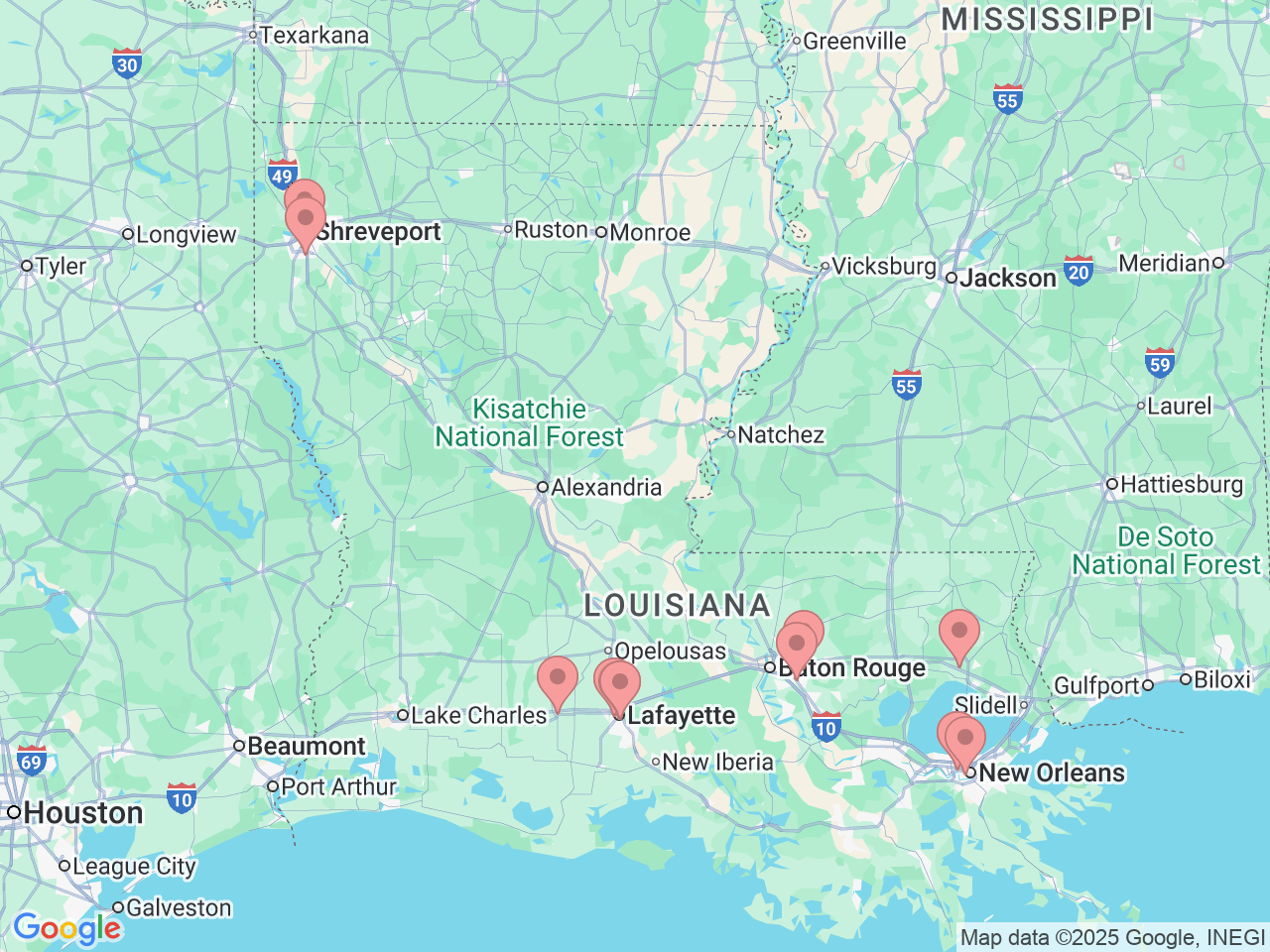 Map of Ochsner-affiliated facilities that provide services related to Breast Cancer