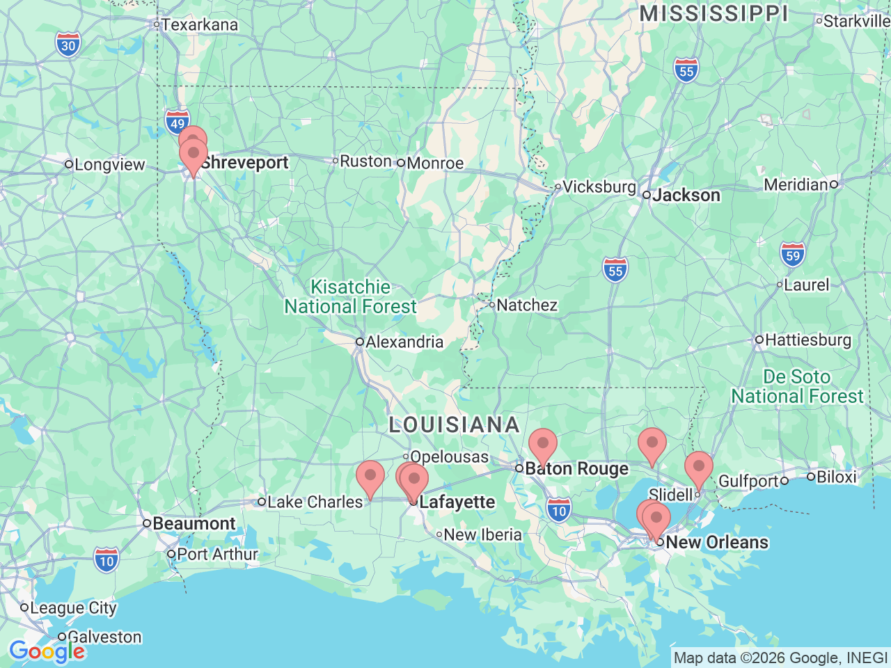 Map of Ochsner-affiliated facilities that provide services related to Breast Cancer