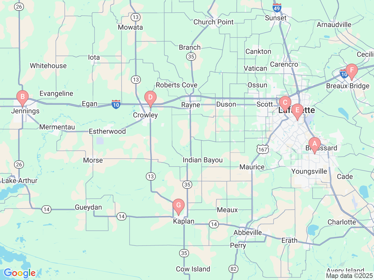 Map of Ochsner-affiliated facilities that provide services related to Ochsner Lafayette General Breast Care Program