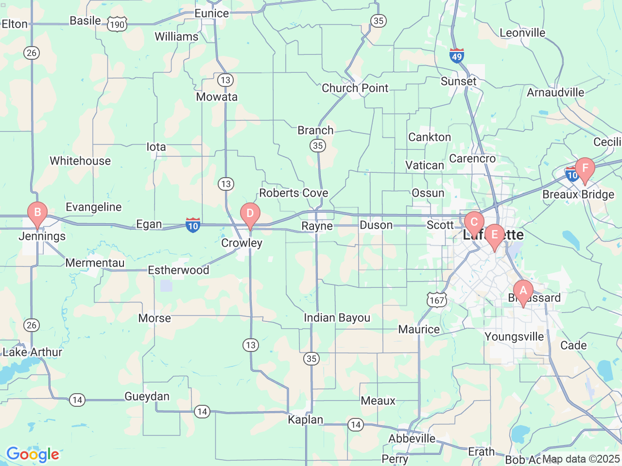 Map of Ochsner-affiliated facilities that provide services related to Ochsner Lafayette General Breast Care Program