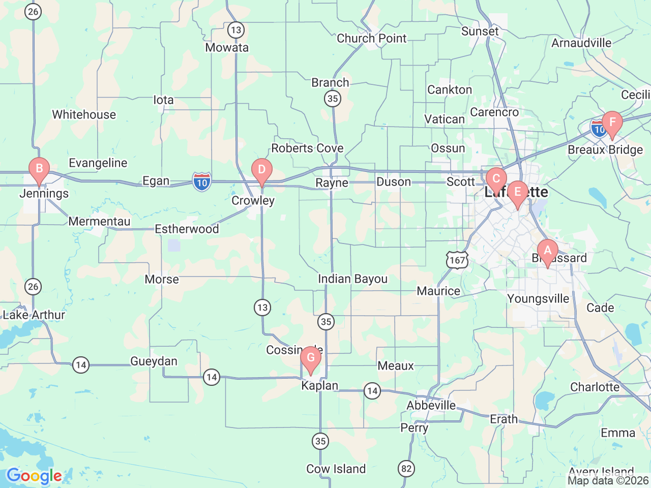 Map of Ochsner-affiliated facilities that provide services related to Ochsner Lafayette General Breast Care Program