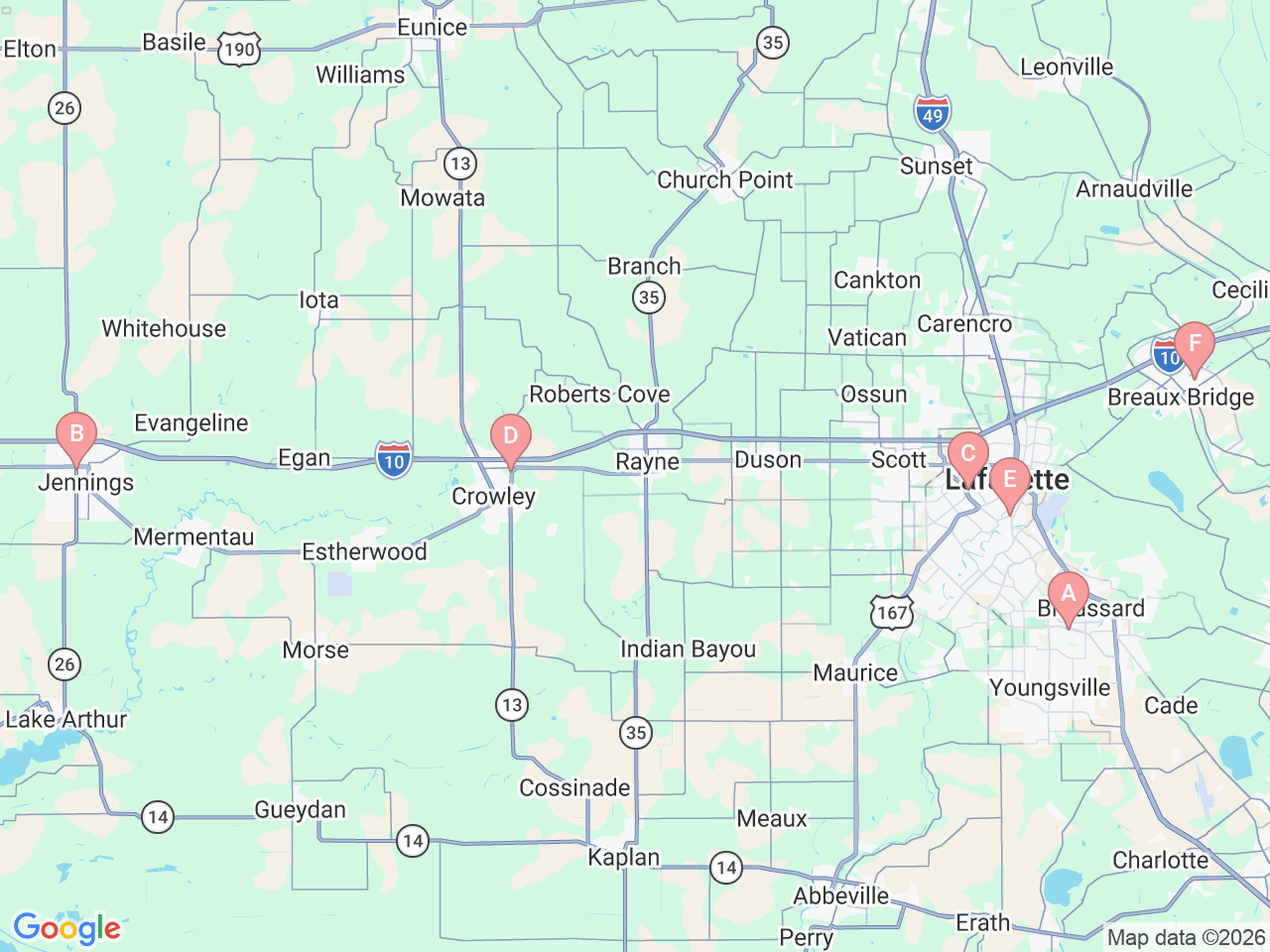 Map of Ochsner-affiliated facilities that provide services related to Ochsner Lafayette General Breast Care Program