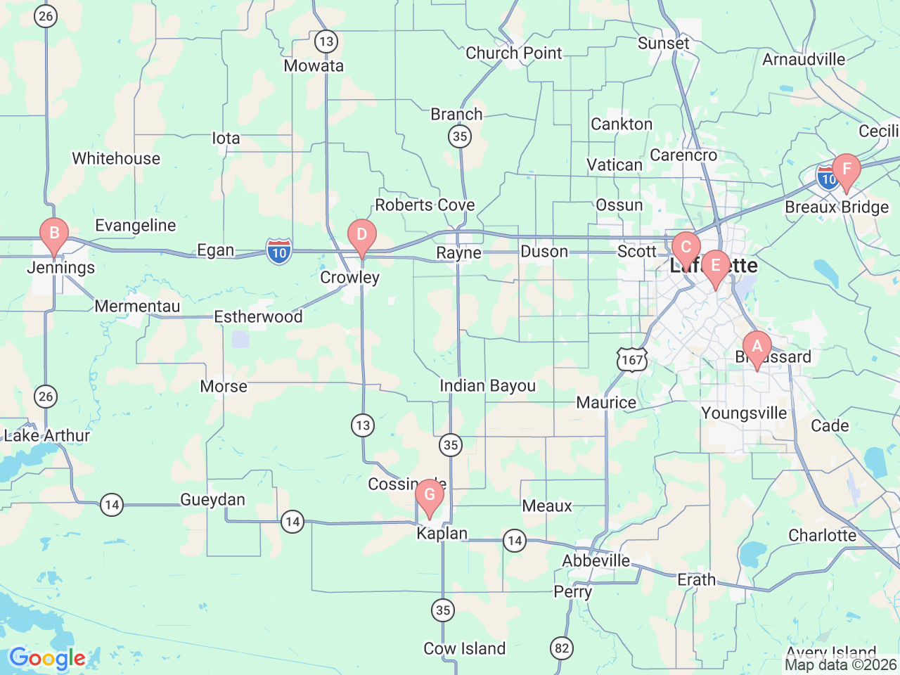 Map of Ochsner-affiliated facilities that provide services related to Ochsner Lafayette General Breast Care Program