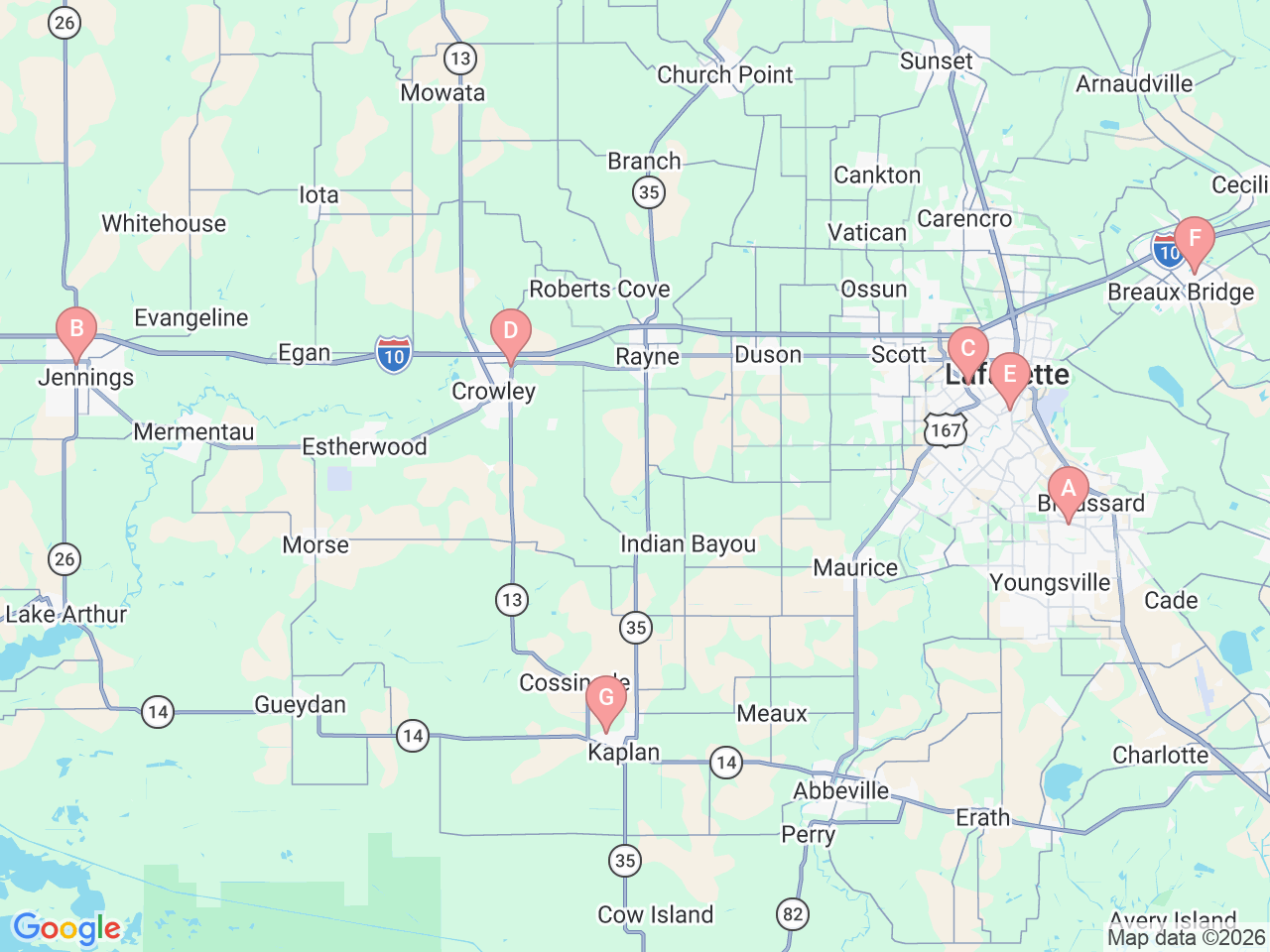 Map of Ochsner-affiliated facilities that provide services related to Ochsner Lafayette General Breast Care Program