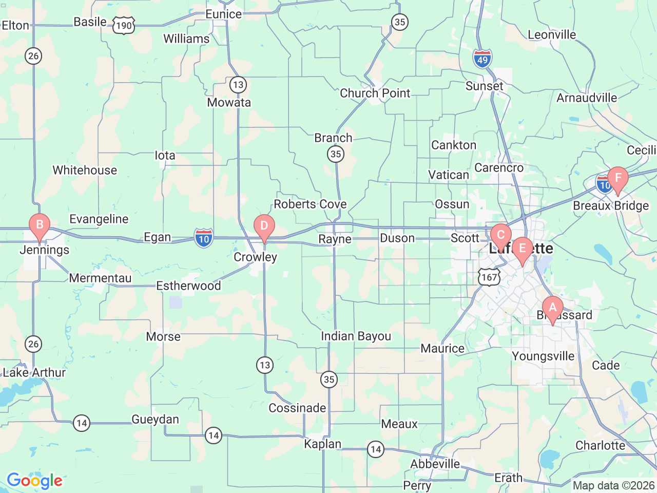 Map of Ochsner-affiliated facilities that provide services related to Ochsner Lafayette General Breast Care Program