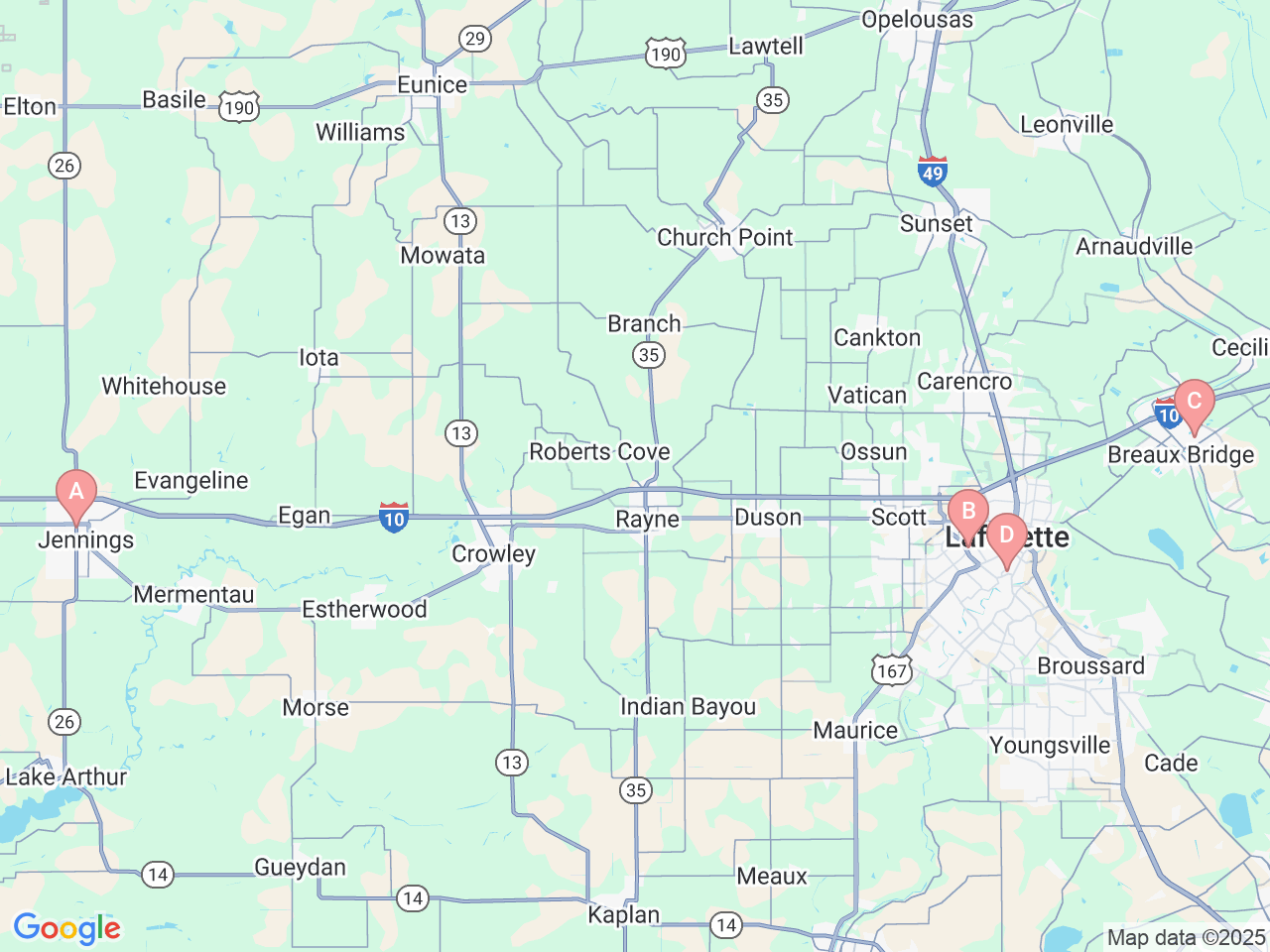 Map of Ochsner-affiliated facilities that provide services related to Cardiac Catheterization Lab at Ochsner Lafayette General