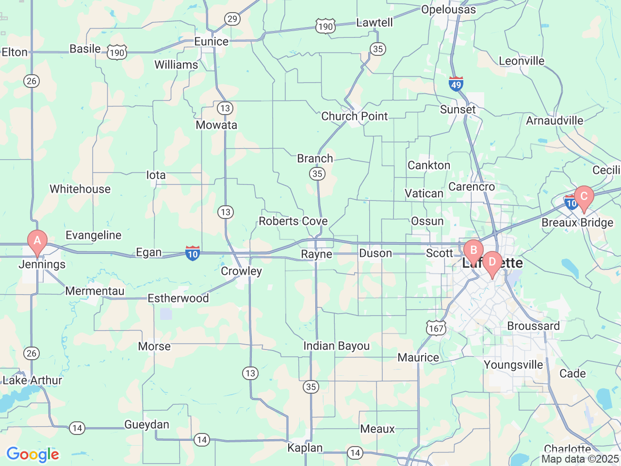 Map of Ochsner-affiliated facilities that provide services related to Cardiac Catheterization Lab at Ochsner Lafayette General