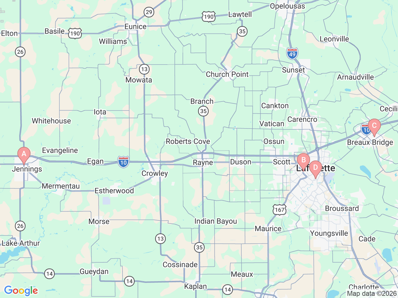 Map of Ochsner-affiliated facilities that provide services related to Cardiac Catheterization Lab at Ochsner Lafayette General
