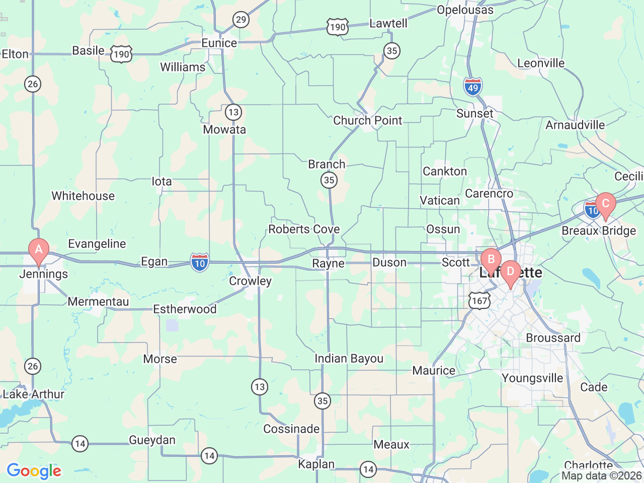 Map of Ochsner-affiliated facilities that provide services related to Cardiac Catheterization Lab