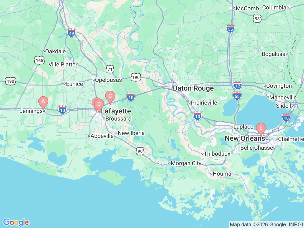 Map of Ochsner-affiliated facilities that provide services related to Cardiac Catheterization Lab