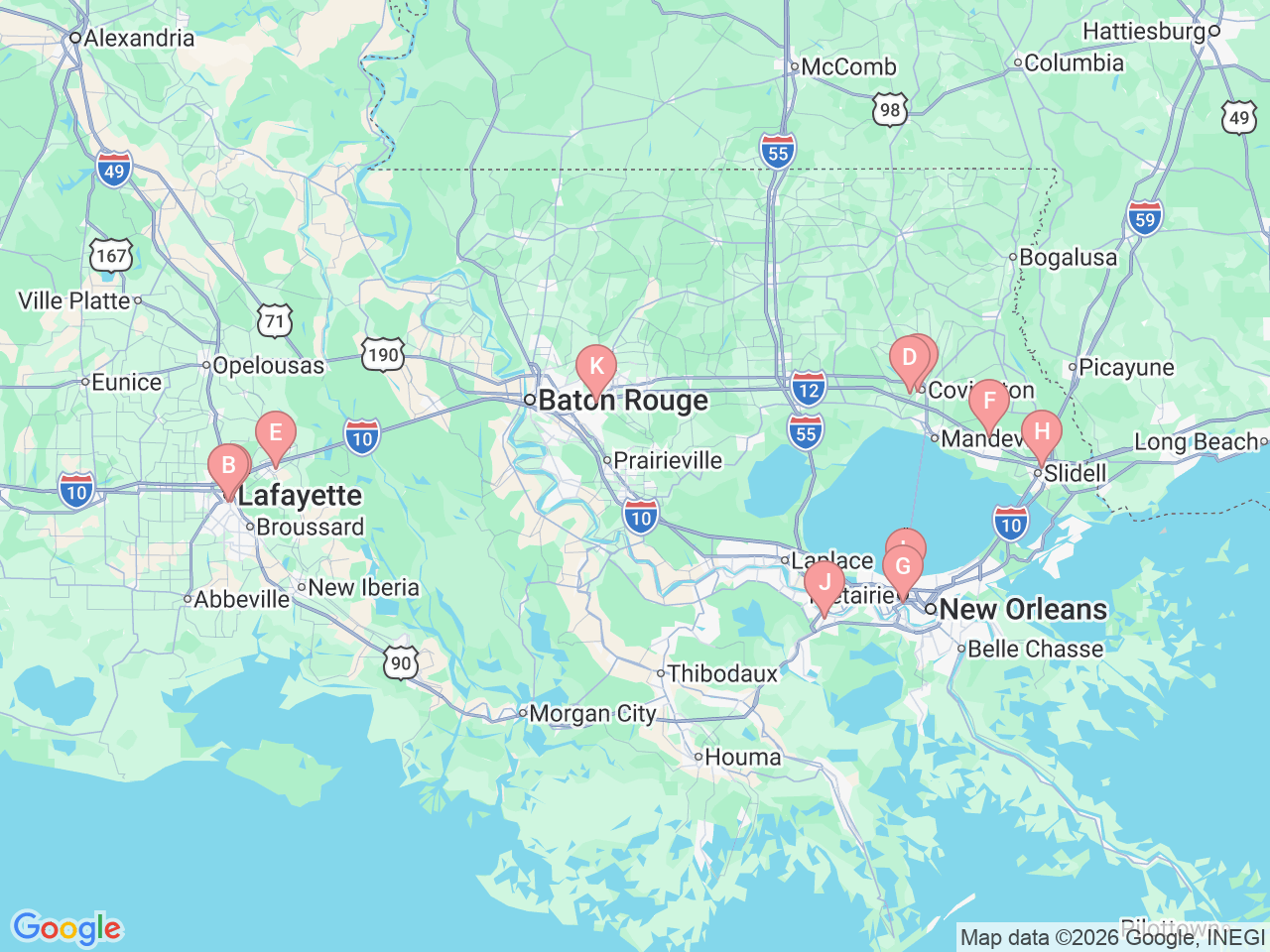 Map of Ochsner-affiliated facilities that provide services related to Cardiac Rehab