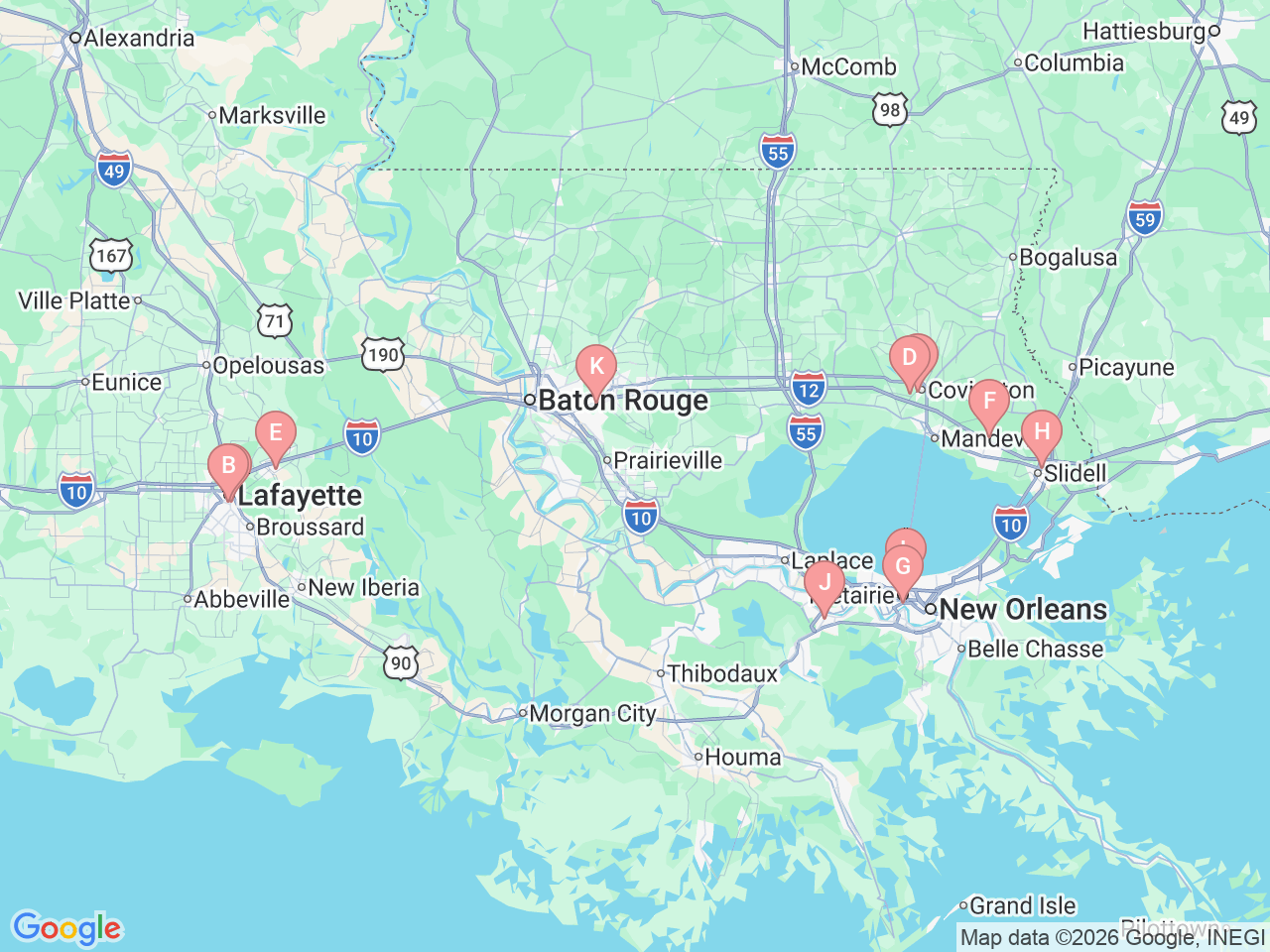 Map of Ochsner-affiliated facilities that provide services related to Cardiac Rehab
