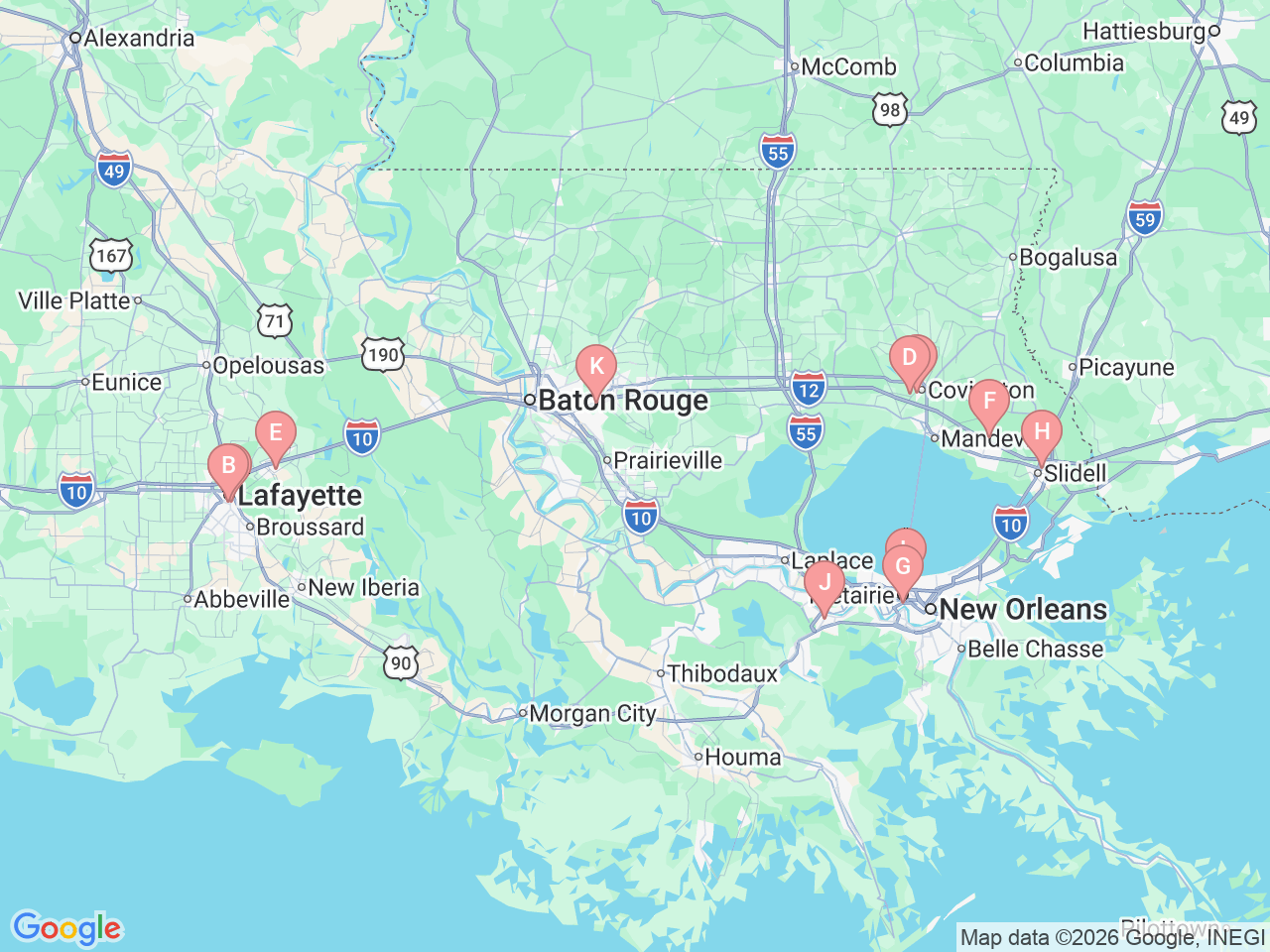 Map of Ochsner-affiliated facilities that provide services related to Cardiac Rehab