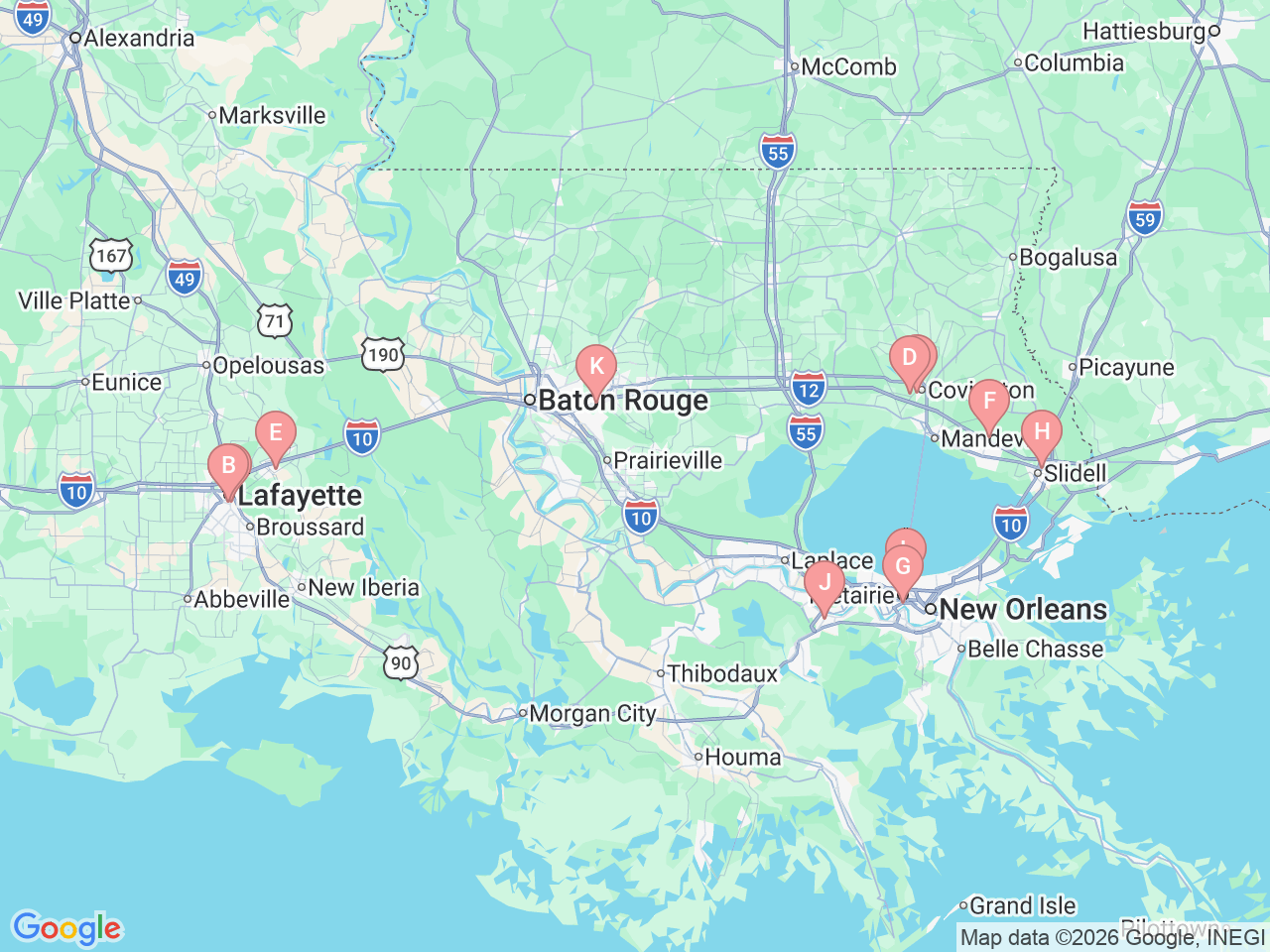 Map of Ochsner-affiliated facilities that provide services related to Cardiac Rehab