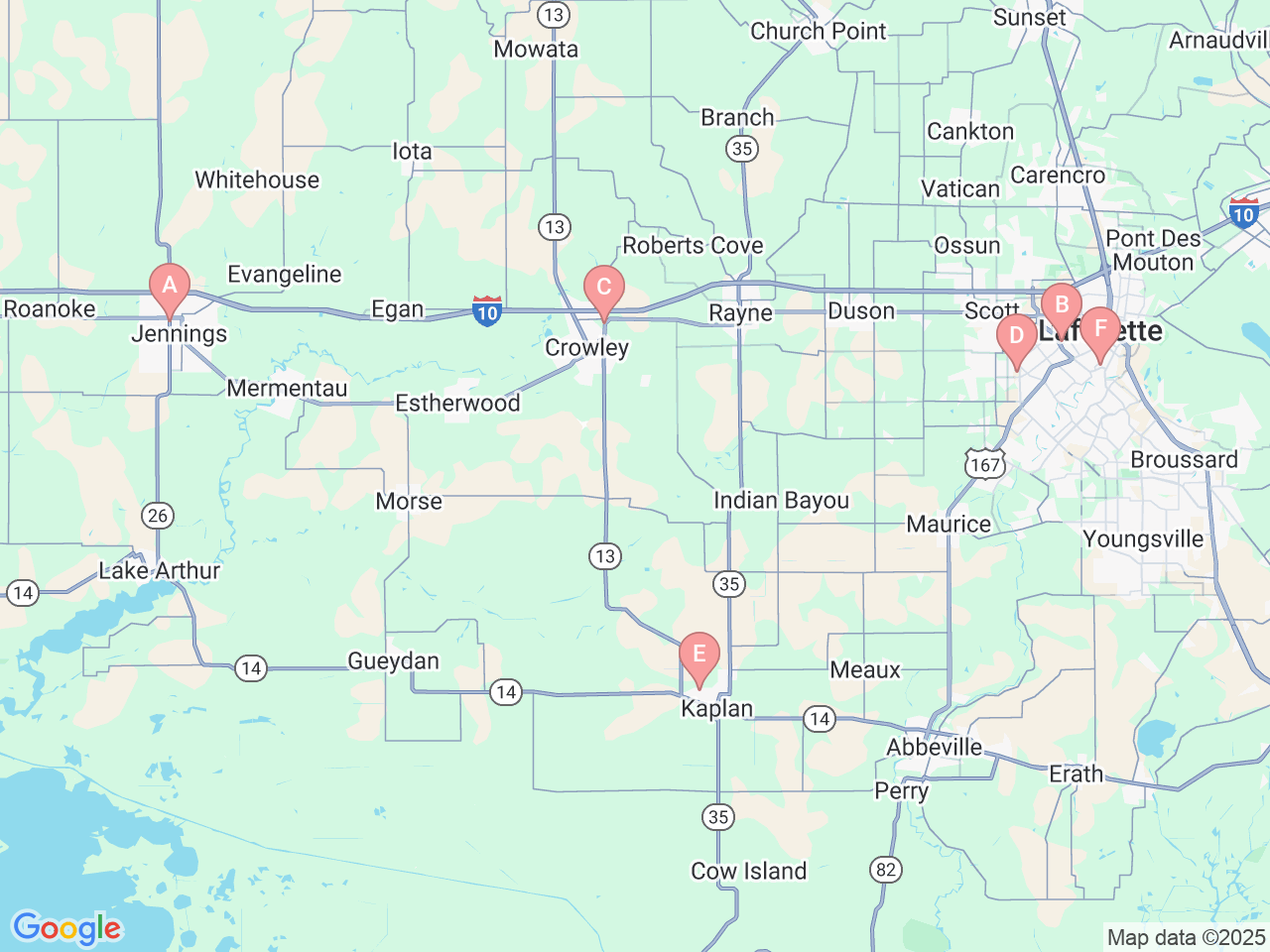 Map of Ochsner-affiliated facilities that provide services related to Cardiology at Ochsner Lafayette General