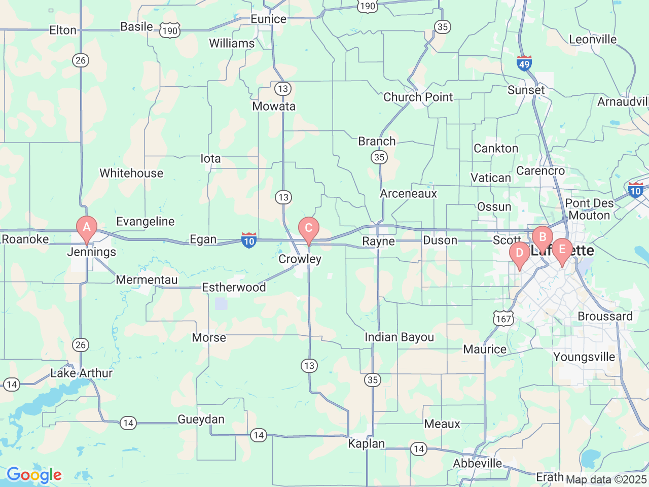 Map of Ochsner-affiliated facilities that provide services related to Cardiology at Ochsner Lafayette General