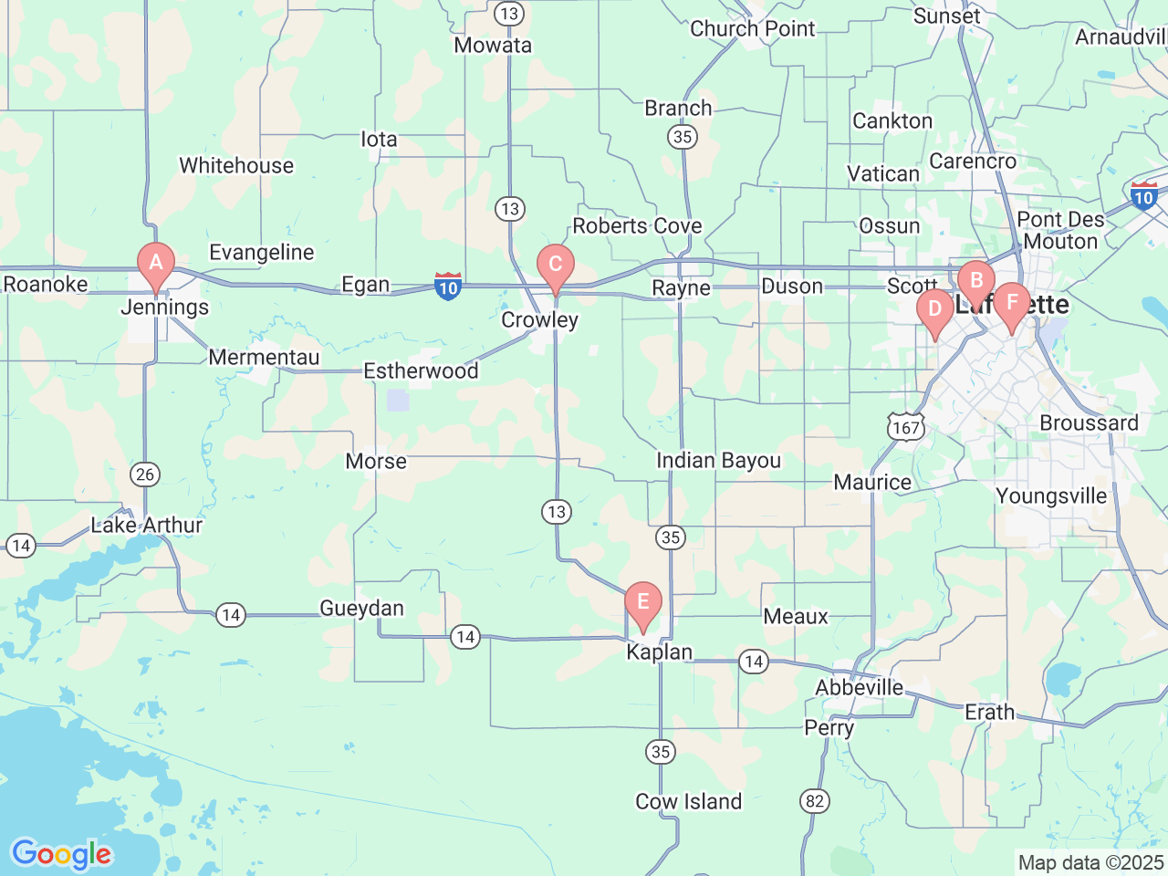 Map of Ochsner-affiliated facilities that provide services related to Cardiology at Ochsner Lafayette General