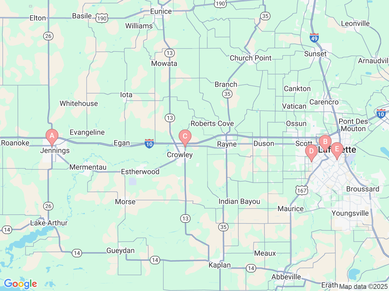 Map of Ochsner-affiliated facilities that provide services related to Cardiology at Ochsner Lafayette General