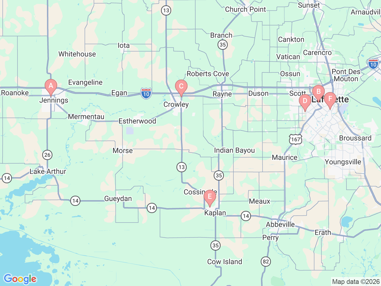 Map of Ochsner-affiliated facilities that provide services related to Cardiology at Ochsner Lafayette General