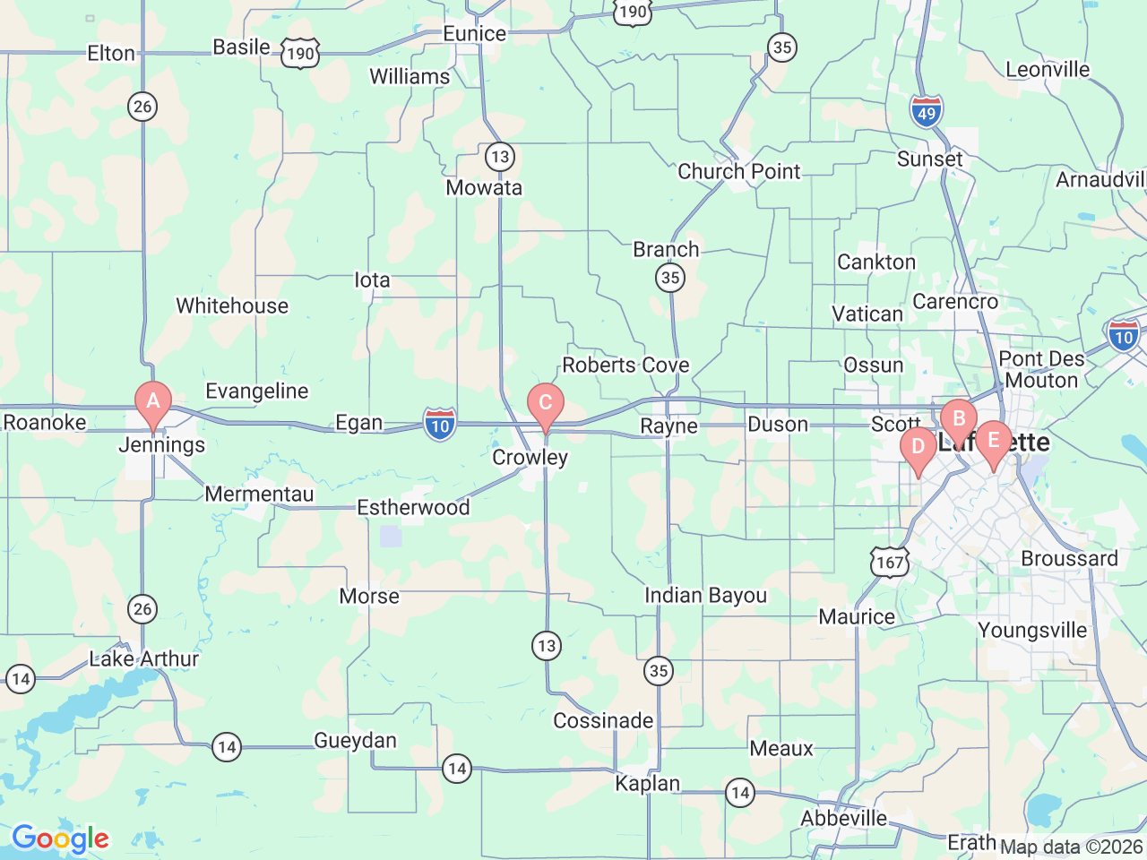 Map of Ochsner-affiliated facilities that provide services related to Cardiology at Ochsner Lafayette General