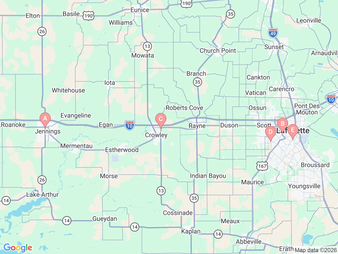 Map of Ochsner-affiliated facilities that provide services related to Cardiology at Ochsner Lafayette General
