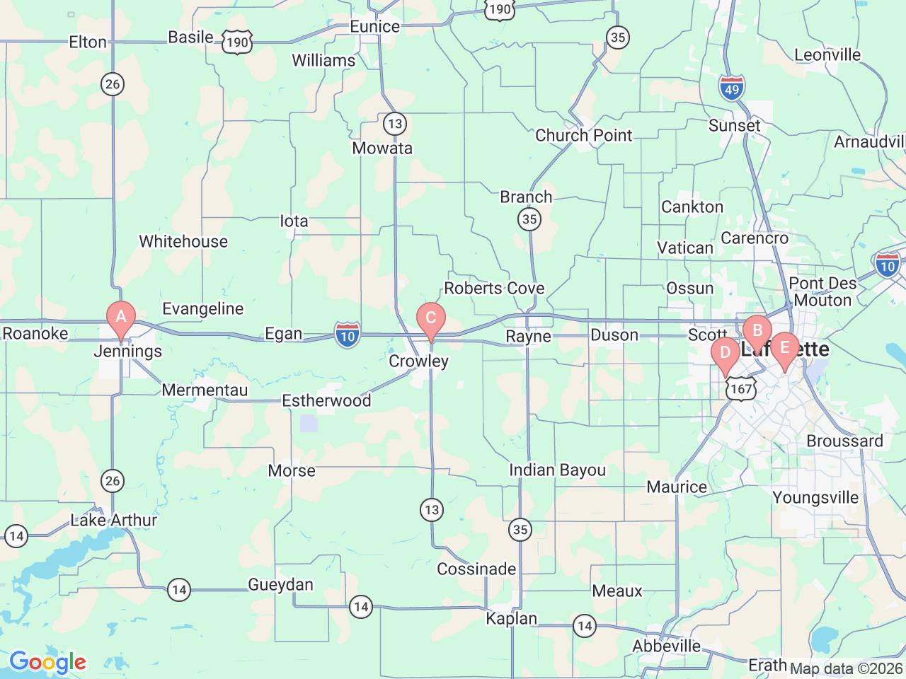 Map of Ochsner-affiliated facilities that provide services related to Cardiology at Ochsner Lafayette General