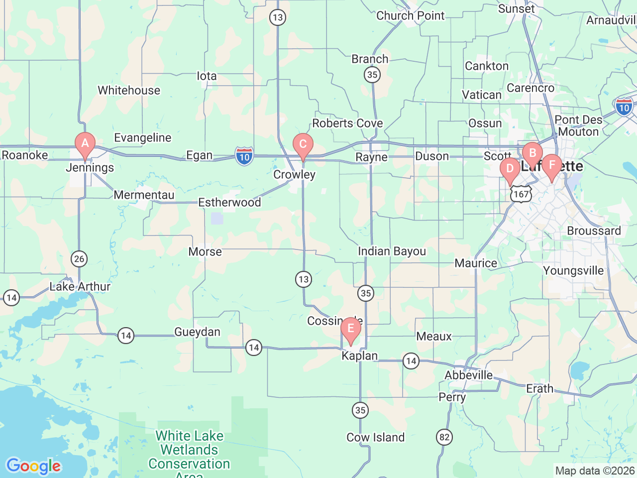 Map of Ochsner-affiliated facilities that provide services related to Cardiology at Ochsner Lafayette General