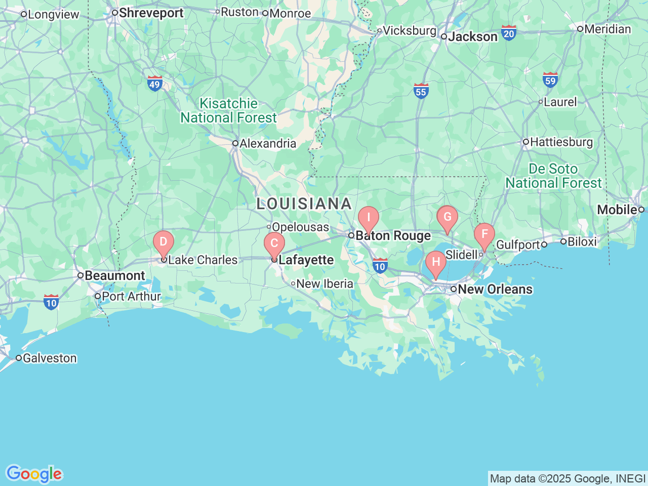 Map of Ochsner-affiliated facilities that provide services related to Cardiothoracic Surgery