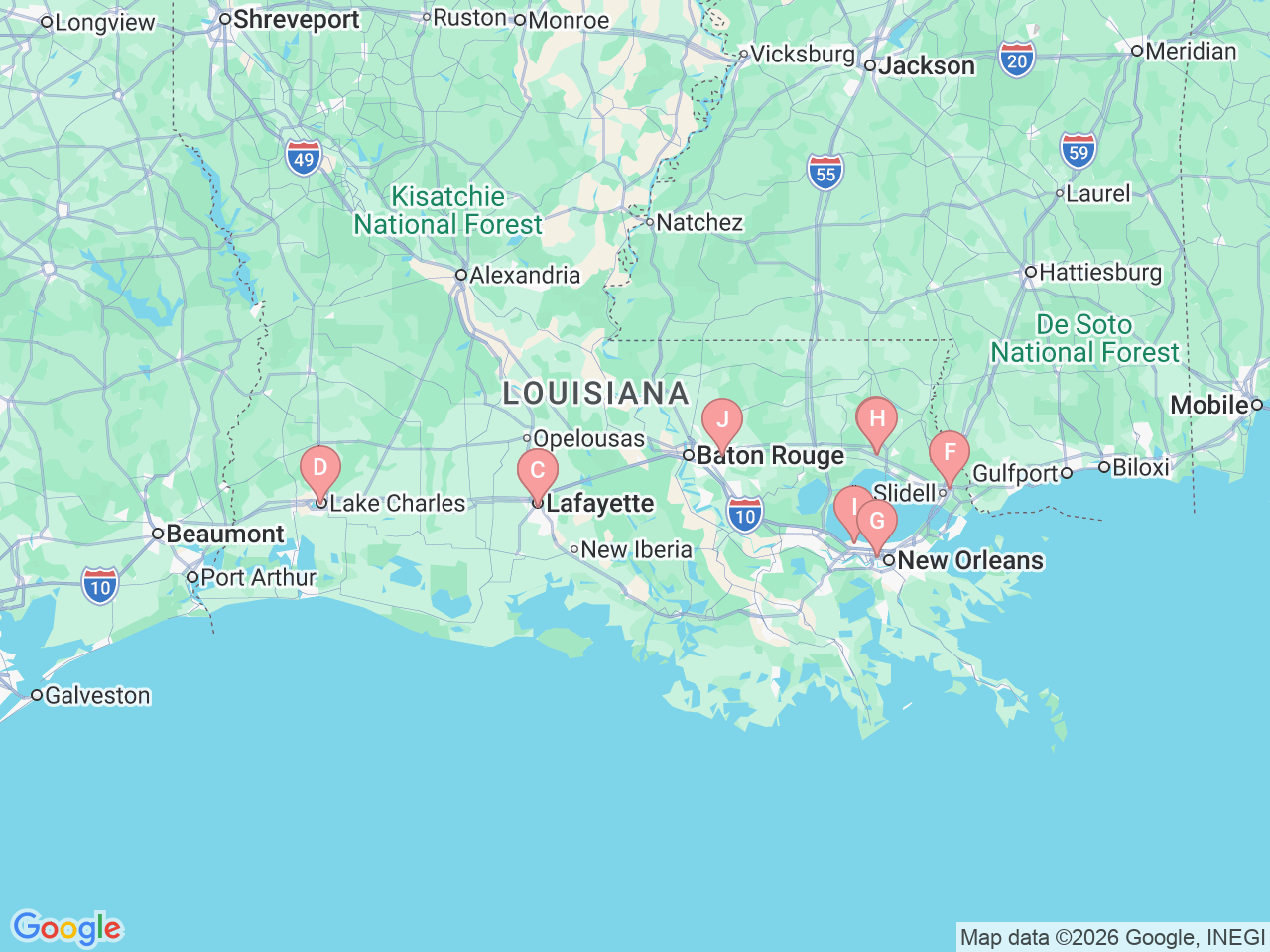 Map of Ochsner-affiliated facilities that provide services related to Cardiothoracic Surgery