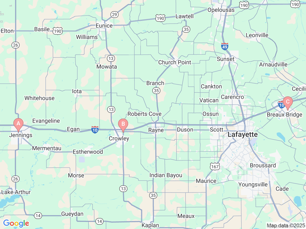 Map of Ochsner-affiliated facilities that provide services related to Cardiovascular Radiology