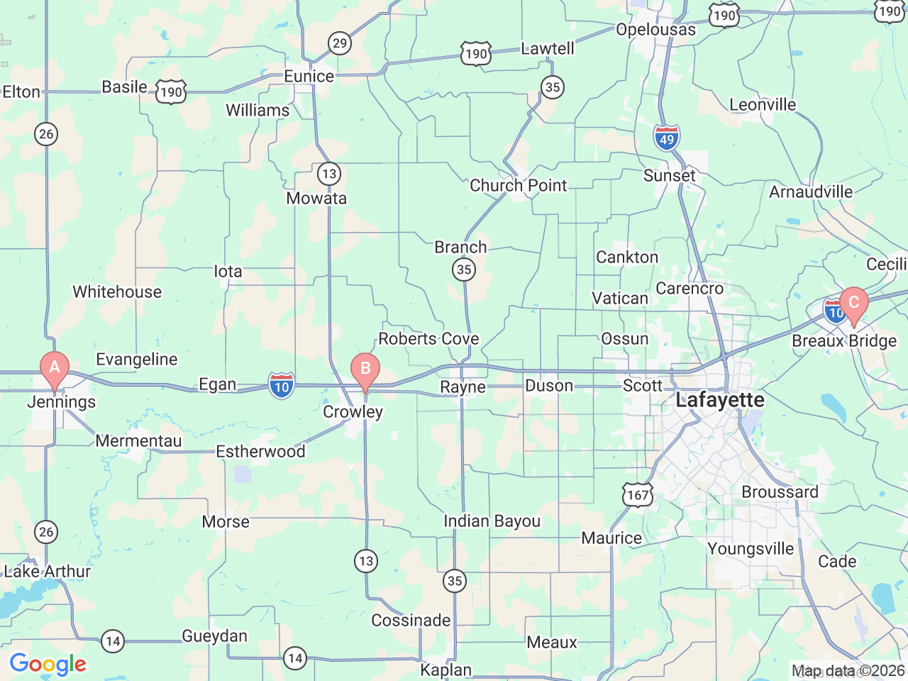 Map of Ochsner-affiliated facilities that provide services related to Cardiovascular Radiology