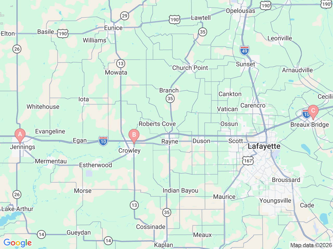 Map of Ochsner-affiliated facilities that provide services related to Cardiovascular Radiology