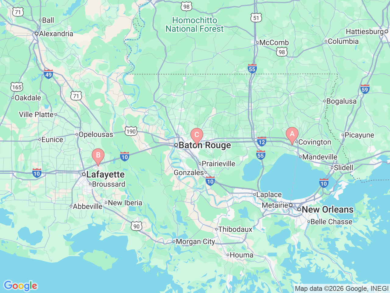 Map of Ochsner-affiliated facilities that provide services related to Care for Pituitary Disorders
