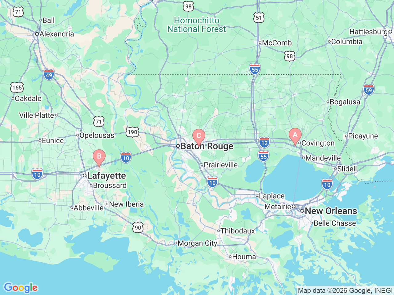 Map of Ochsner-affiliated facilities that provide services related to Care for Pituitary Disorders