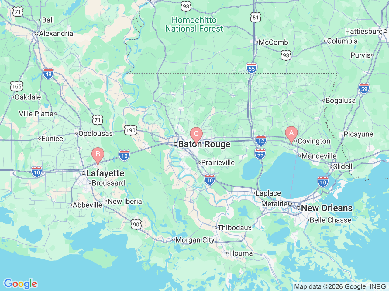 Map of Ochsner-affiliated facilities that provide services related to Care for Pituitary Disorders