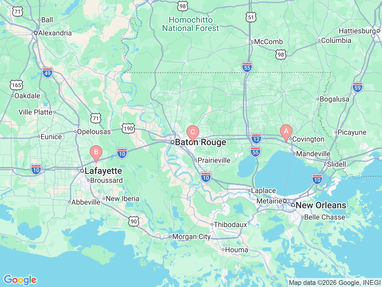 Map of Ochsner-affiliated facilities that provide services related to Care for Pituitary Disorders