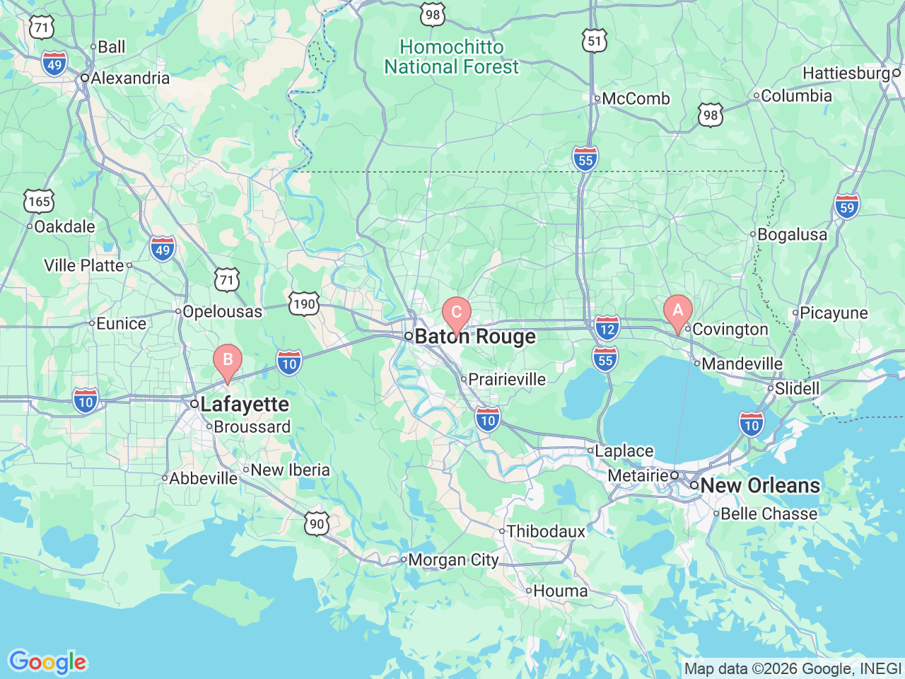 Map of Ochsner-affiliated facilities that provide services related to Care for Pituitary Disorders