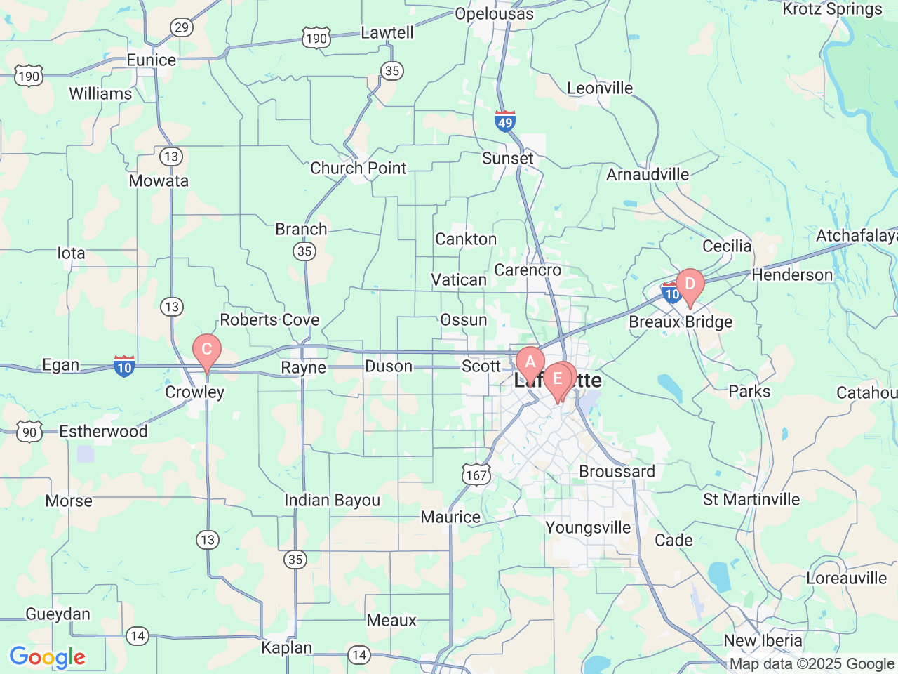 Map of Ochsner-affiliated facilities that provide services related to Cataract Surgery
