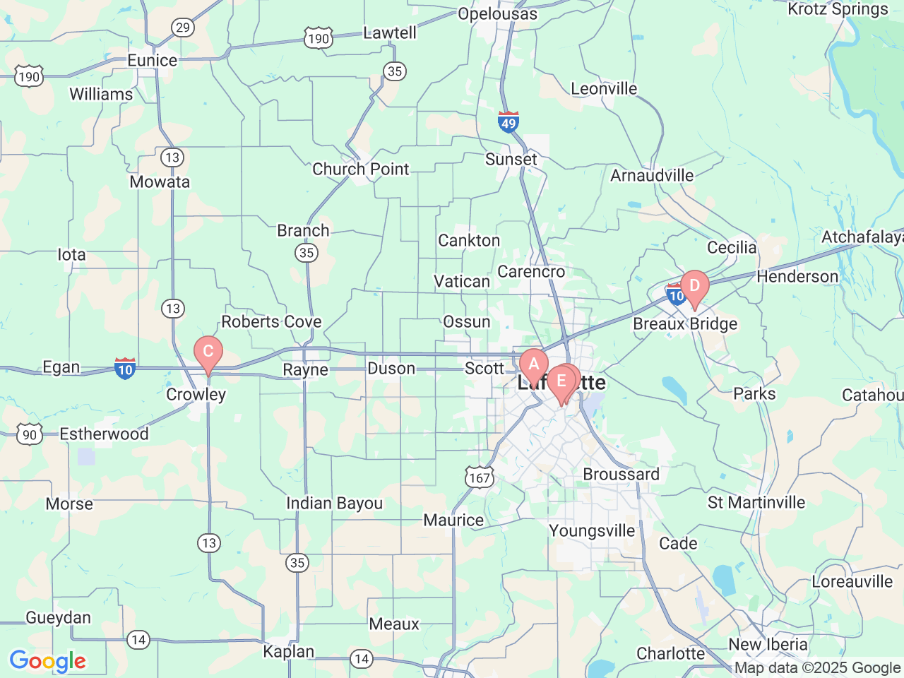 Map of Ochsner-affiliated facilities that provide services related to Cataract Surgery