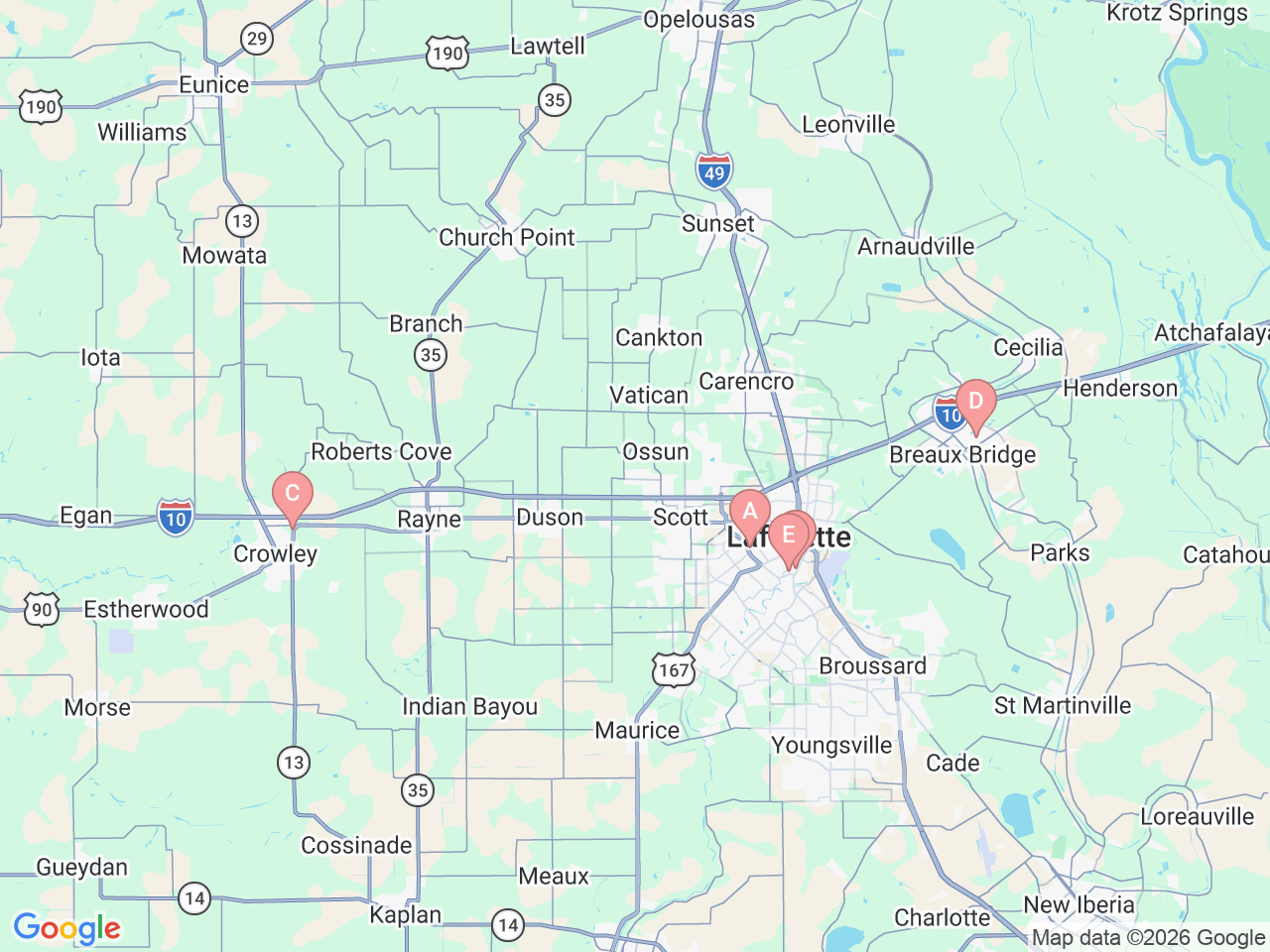 Map of Ochsner-affiliated facilities that provide services related to Cataract Surgery