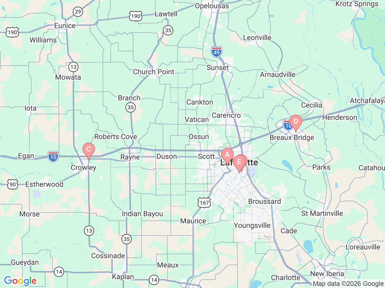 Map of Ochsner-affiliated facilities that provide services related to Cataract Surgery