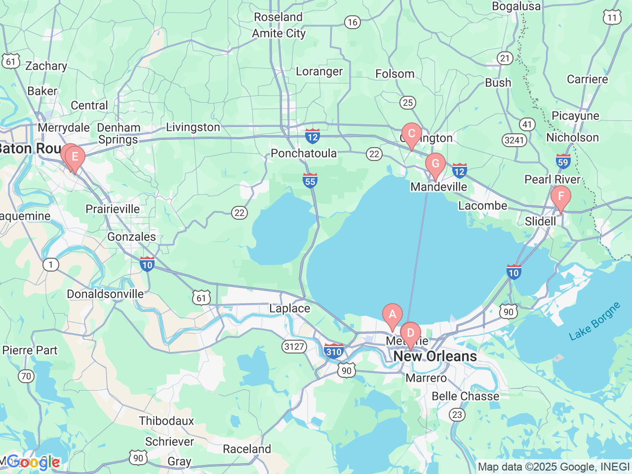 Map of Ochsner-affiliated facilities that provide services related to Child and Adolescent Psychiatry and Psychology